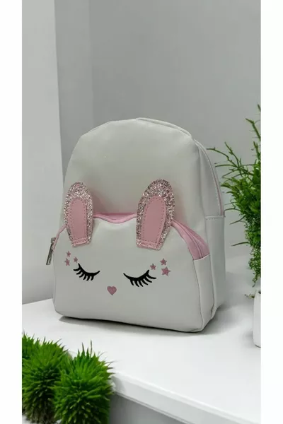 حقيبة ظهر مدرسية للبنات والأطفال الصغار باللون الأبيض مزينة برسم قطة لطيفة وحيوانات لامعة