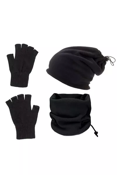 Комплект от 3 части термална поларна шал-яка, шапка и плетени ръкавици, черен, непропускащ студ