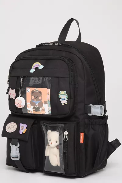 Sac d'école style Kawaii Kore avec accessoires pour fille et garçon NOIR