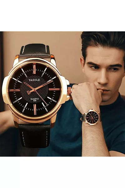 Montre homme avec bracelet en cuir noir, mode, élégant, tendance