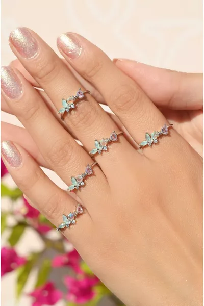 Silver-Colored Holographic Butterfly Joint Ring Butterfly Ring