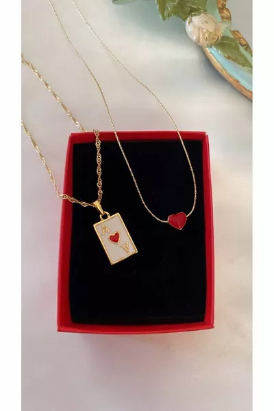 Rote Emaille-Tasse As und rotes Herz-Halsketten-2er-Set