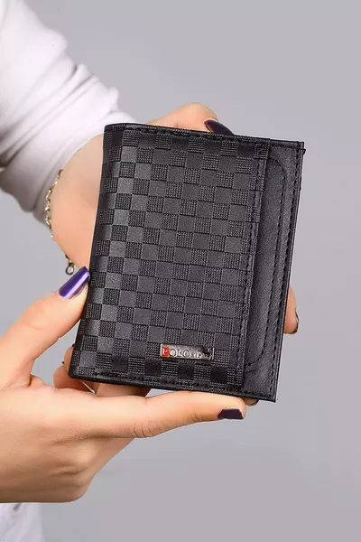 محفظة بنقشة رقعة الشطرنج مع حامل بطاقات مدمج، حزام، مفتاح ولاعة باللون الأسود -S