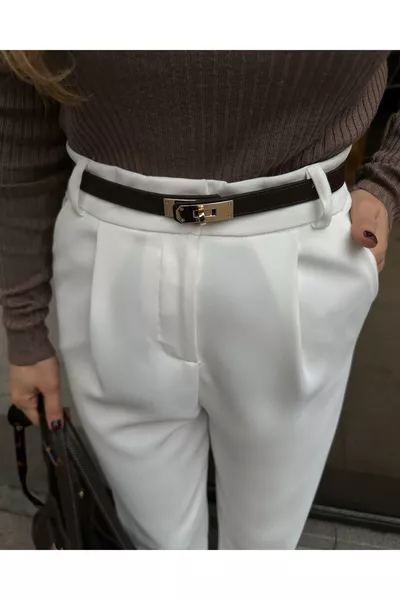 حزام بخياطة مع مشبك ذهبي 2 سم بني داكن