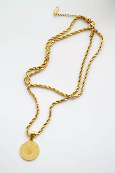 Collana in Acciaio con Rivestimento in Oro a Spirale, Corda Catena  cm, con Lira