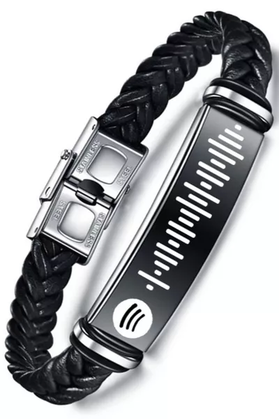Personalized Spotify Song Code Leather Black Steel Men's Bracelet