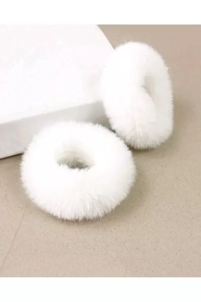 مجموعة مشابك شعر نسائية بيضاء من الفرو مطاطية ٢ قطع