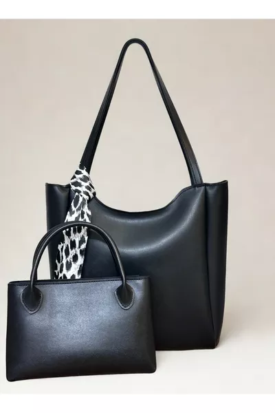 حقيبة يد وكتف نسائية سوداء، طقم مزدوج بنقشة الفهد، بسحاب وزر ضغط، حقيبة تسوق