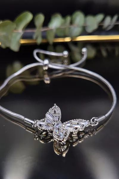  L. Нержавеющая сталь, не тускнеющая, браслет с цепочкой лифта, бабочка, с циркониевыми камнями, серебристый