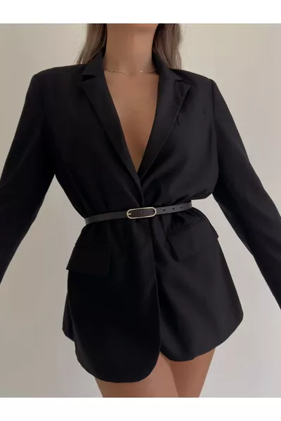 حزام نسائي أسود رفيع بمشبك ذهبي واسع، حزام للجاكيت، حزام للفستان، حزام للقميص