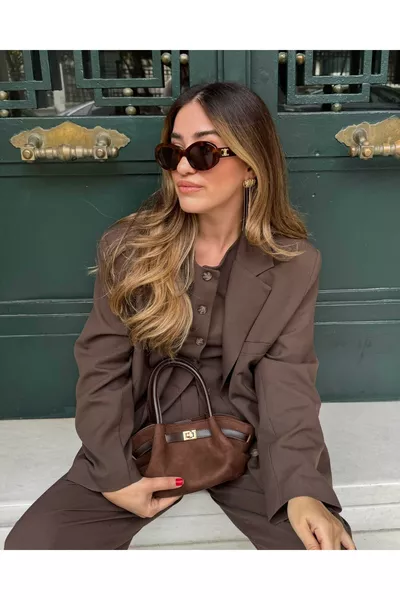 Sac Mini en Nubuck avec Détail Ceinture Marron Foncé