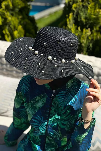 Pearl Straw Hat Black 