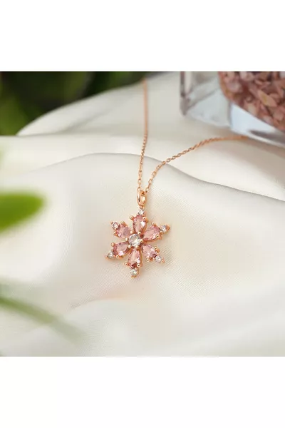  Sterling Silver Chain Pink Stone Rose Plated Lotus Camellia Flower Necklace