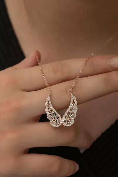 Ayar Silver Baguette Stone Angel Wing Necklace Women's Silver Necklace