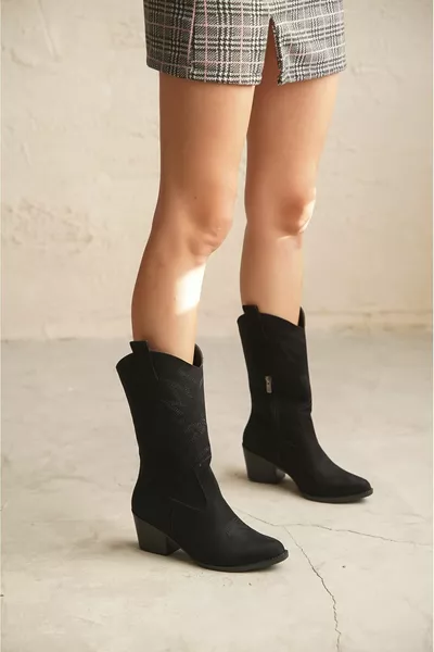 حذاء كوستا كاوبوي نسائي - جلد الغزال الأسود