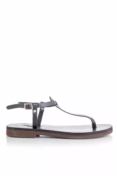 اليدوية جلد طبيعي أسود المرأة الصنادل الطابق السفلي الصنادل