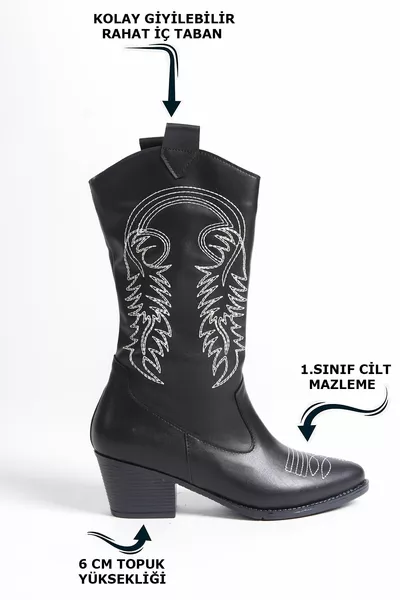Handgemaakte Zwarte Puntige-Teen Hakken Wit Geborduurd Patroon Gedetailleerde Huid Vrouwen Rits Cowboy Laarzen