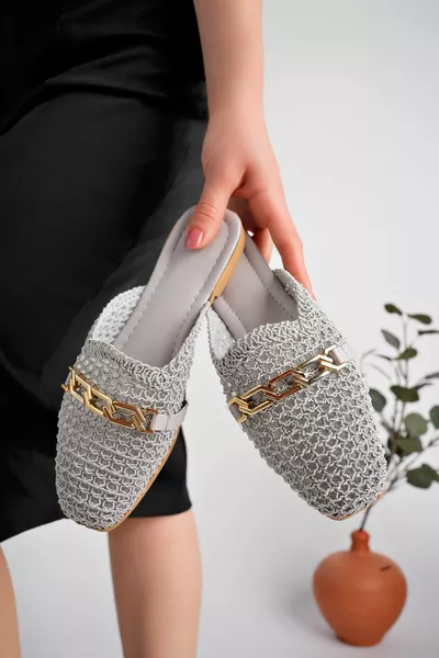 Women's Stone Slippers Closed Front Wicker Lace Knitted Dowry Casual Sandals