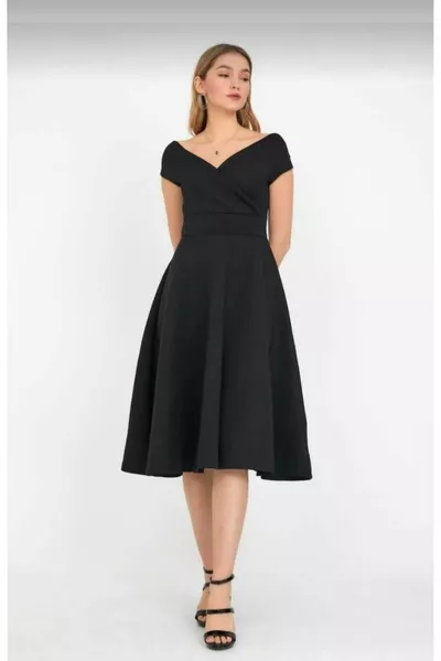 Geplooide Midi lengte crêpe stof jurk met verlaagde schouder rok