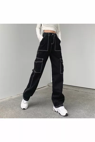 k Pantaloni a gamba larga unisex neri a punto inverso con tasche cargo