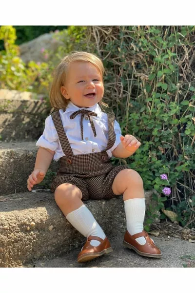 Кафява къса риза и папийонка Раирани момчета и момичета Байрам Подарък за бебешки и детски дрехи