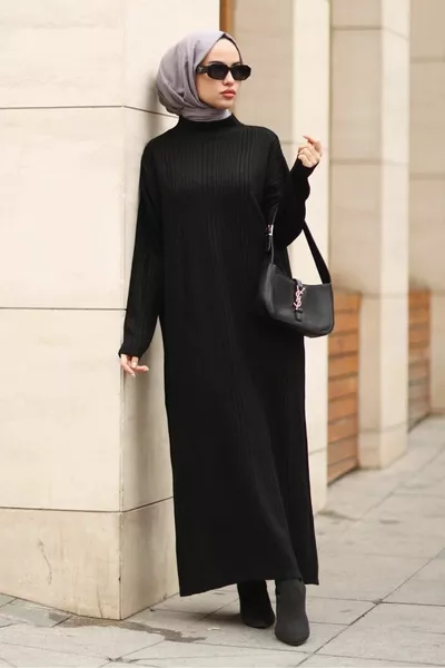 Ravza Roving Gedetailleerde Lange Gebreide Hijab Jurk