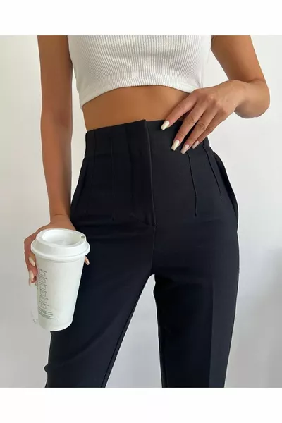 Women's Black High Waist Collet Fabric Pants