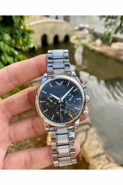 сталь серебряный ремешок черный циферблат Armani модель двухцветные мужские наручные часы