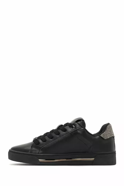 Women's Black Lace-Up Stone Detailed Leather Sneaker 