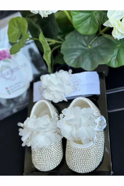 Luxury Design Stone Veneer Baby Girl Wedding Dress Special Occasion Shoes Hair Band Set White Floral