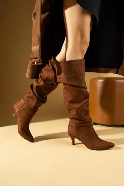 Women's Tan Suede Heels Drawstring Stylish Style Casual Casual Fit Boots