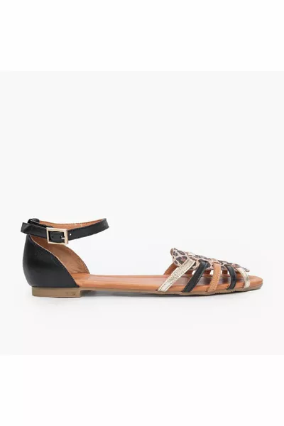 جلد طبيعي حزام مسطح ليوبارد عارضة المرأة الصنادل