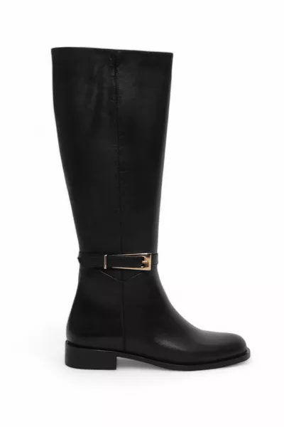 Stivali casual da donna in vera pelle sotto il ginocchio fibbia con cerniera Stivali classici dettagliati Nero Lovva