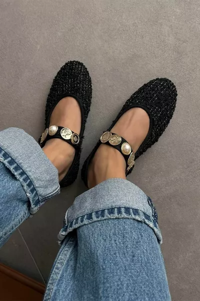 Leonardo Дамски аксесоар Детайл Ленени балетни балетки Черен