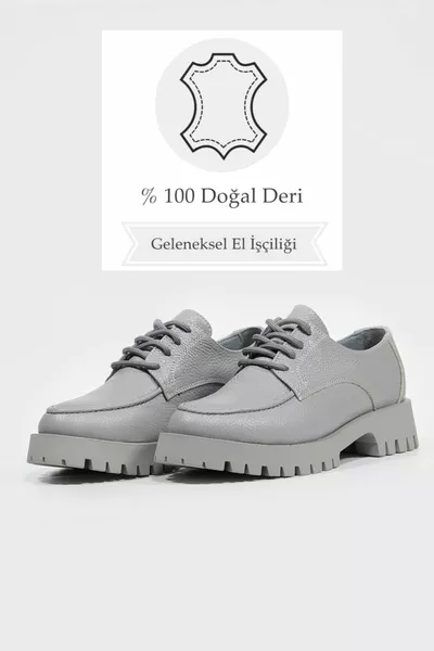 WOMEN'S GREY GENUINE NATURAL LEATHER LACE-UP OXFORD SHOES