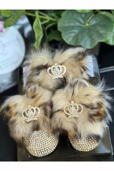 Besondere Anlässe Design Luxus Leopard Feder Metall Prinzessin Brosche Baby Stein Schuhe Stirnband Set Rosa