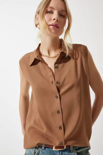 Women's Medium Brown Sleeveless Viscose Shirt 