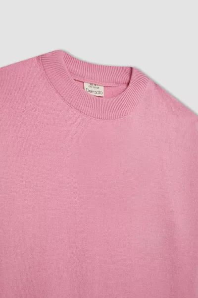 Girls' Light Pink Standard Fit Crew Neck Basic Plain Knit Sweater AU