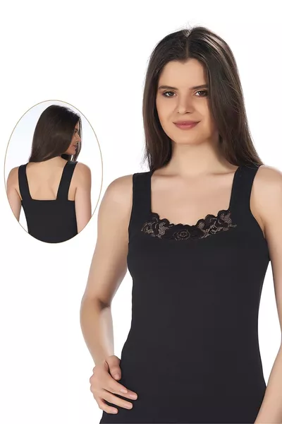  صديري بأشرطة سميكة ودانتيل، أسود، مقاس M