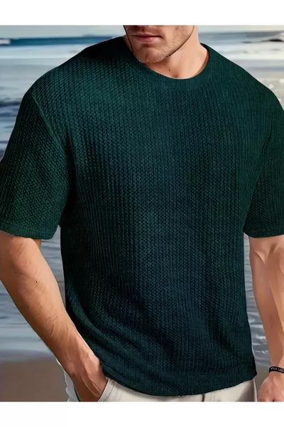 T-shirt vert pour homme Robert en tissu Waffle, col rond et manches courtes