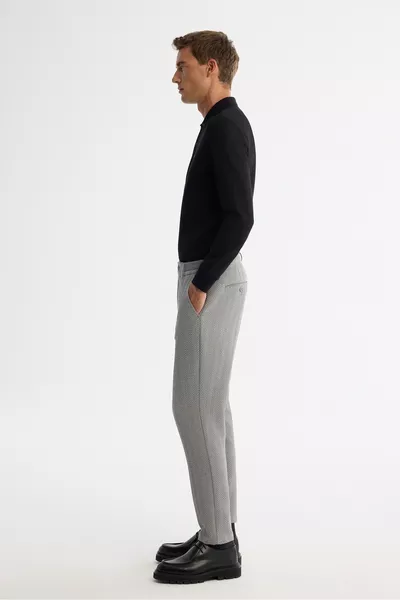 Men's Grey Herringbone Textured Side-Elastic Stretch Slim Fit Chino Pants 