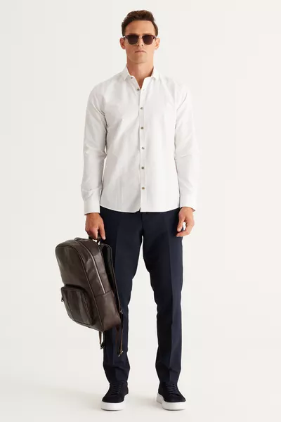 Men's White-Khaki Cotton Oxford Breathable Slim Fit Narrow Cut Italian Collar Printed Shirt