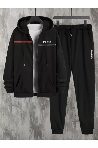 Мъжки черен комплект от 2 части Paris с качулка и суичър, черен спортен панталон с ластик на крачолите