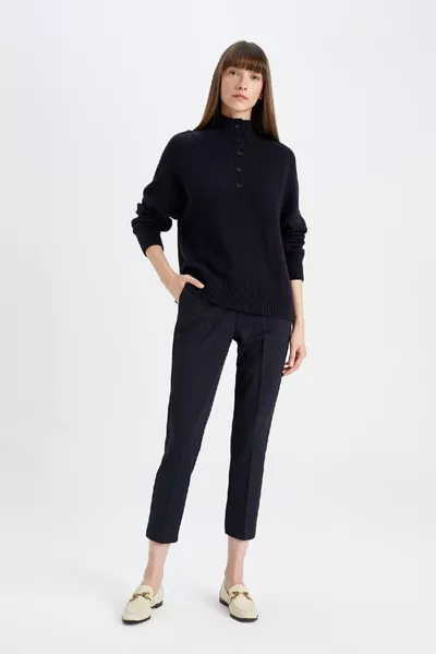 Relax Fit Soft Textured Buttoned Collar Basic Plain Knit Sweater wn