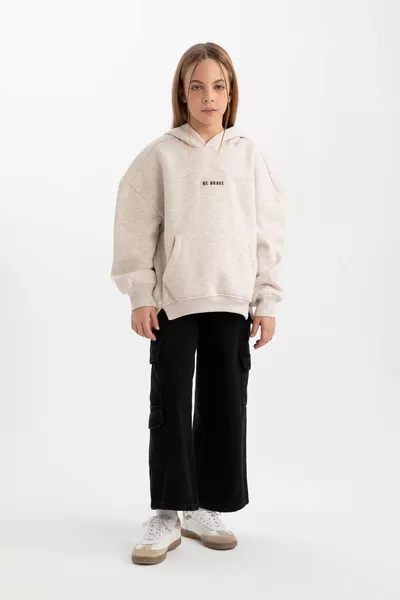 Kız Çocuk Oversize Geniş Kalıp Kapüşonlu Baskılı İçi Yumuşak Tüylü Sweatshirt WN