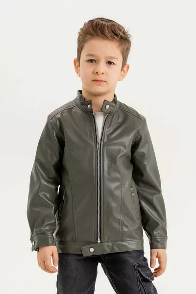 Boys' Leather Jacket with Zipper and Snap Collar