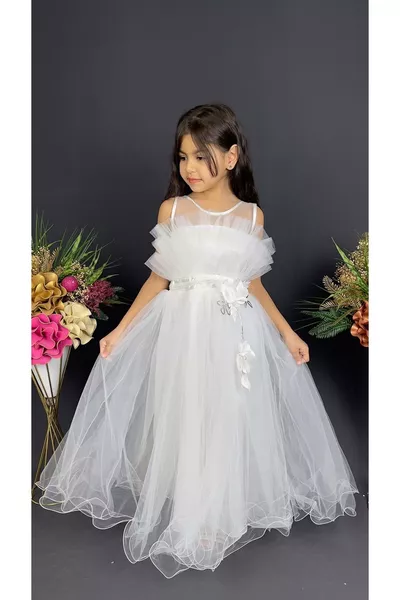 فستان سهرة للأطفال البنات متعدد الطبقات للمناسبات الخاصة  أبيض