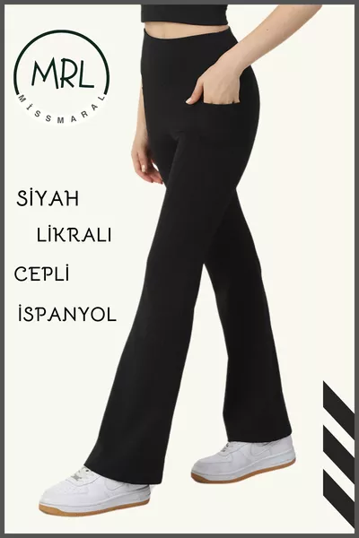 بنطال ضيق نسائي أسود بقصة إسبانية، خصر مرتفع، مشد، وجيوب مزدوجة، بوت كت 