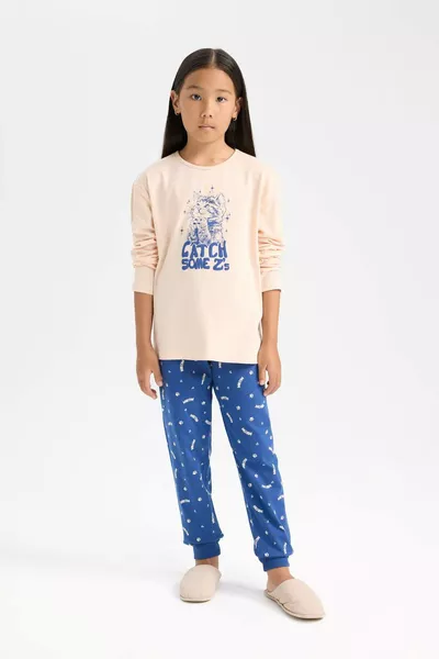 Girls' Pajama Set Printed Long Sleeve Top with Elastic Waist Long Pants WN