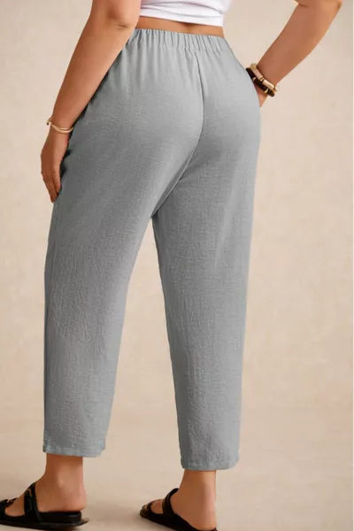 Women's Summer Plus Size Synthetic Linen High-Waist Elastic Narrow Leg Mom Pants 